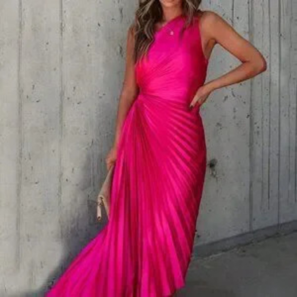 ZARA Hot Pink Women's One Shoulder Asymmetrical Hem Satin Cocktail Dress